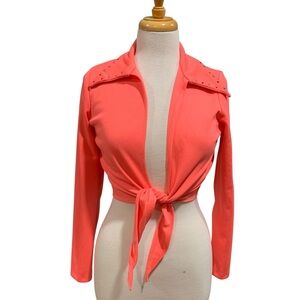 Vntg 70’s hot pink bedazzled dagger collared long sleeved tie front crop top